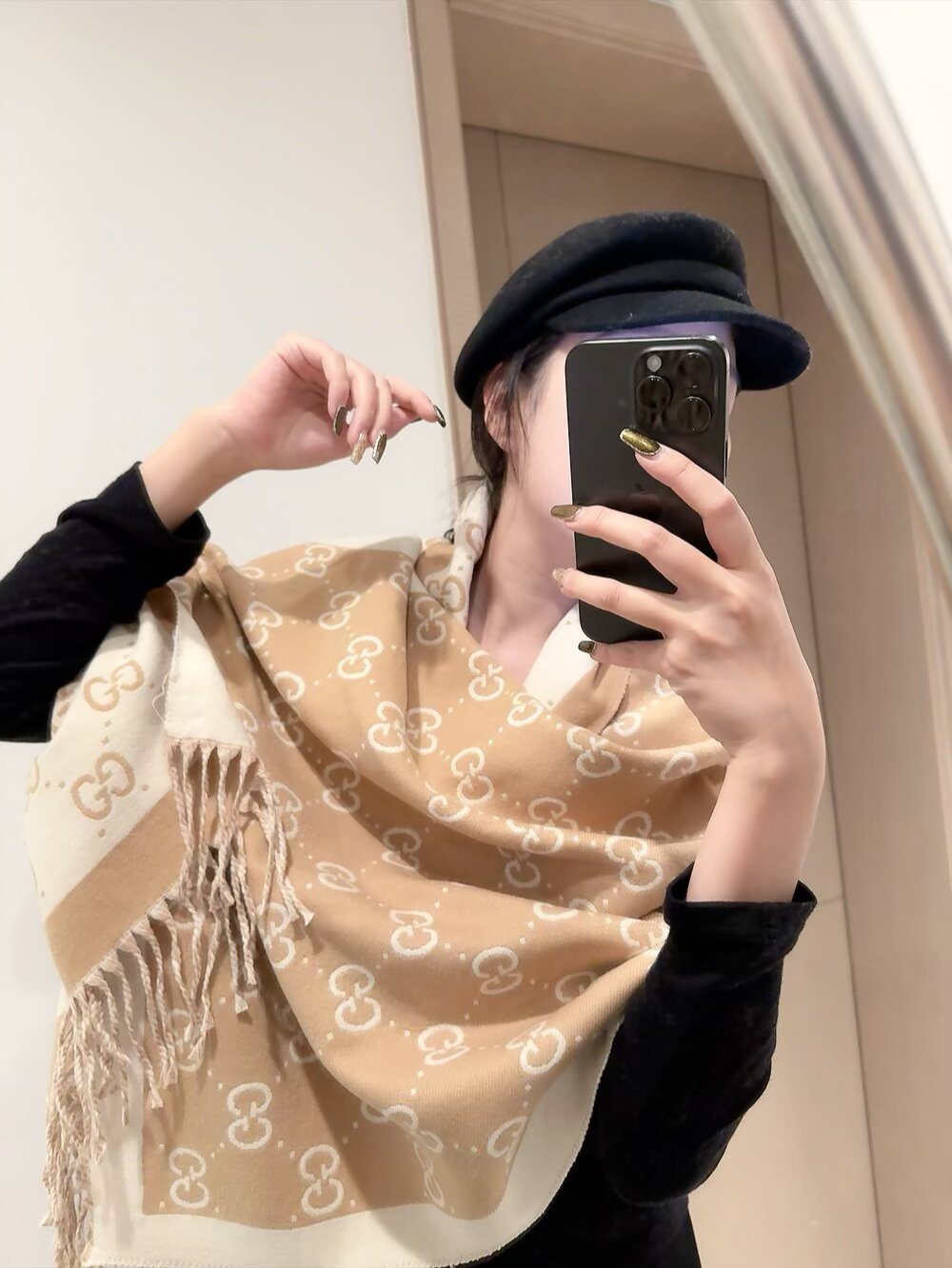 Gucci Black & Beige Fringed Shawl — model