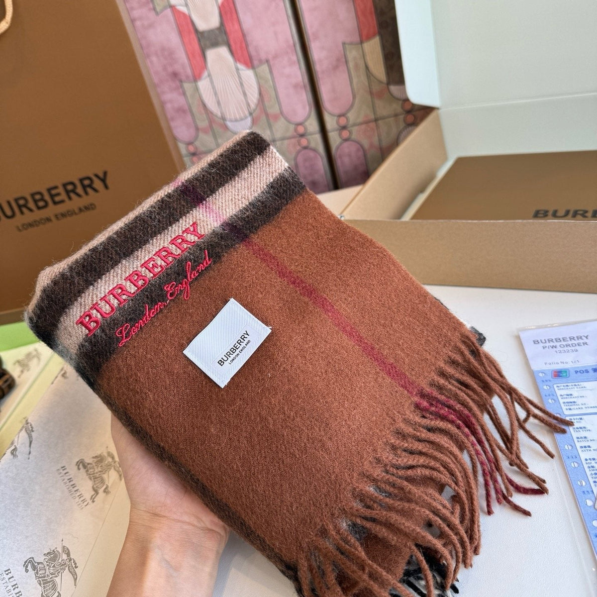 Burberry Brown Plaid Fringed Scarf — detail