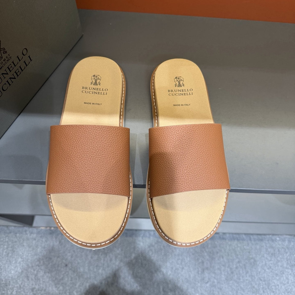 Brunello Cucinelli Wide-Strap Slide Sandals — front